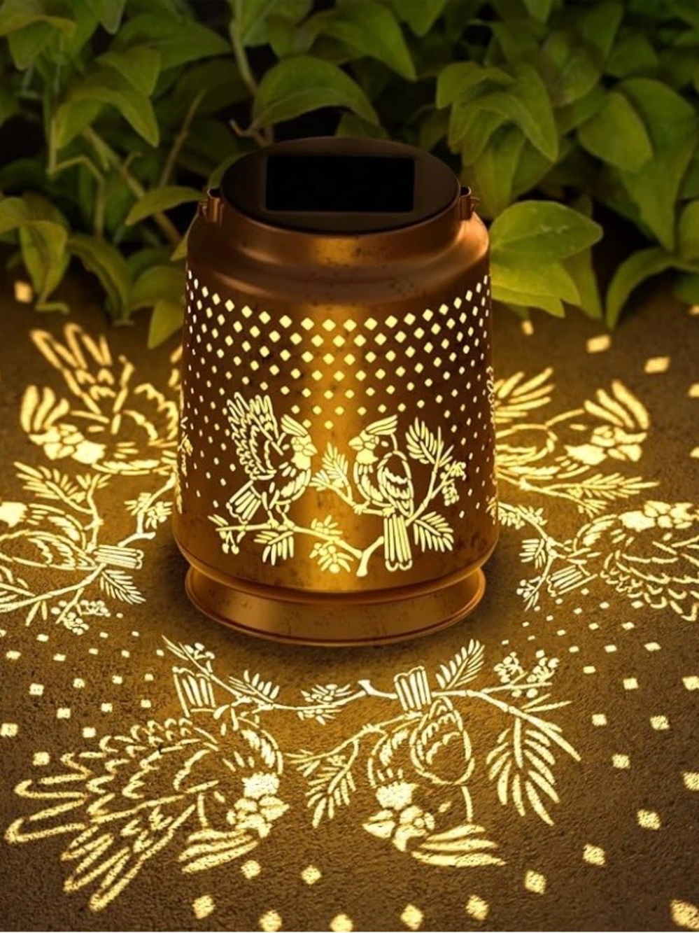 Solar-Powered Metal Lantern with Bird Projection - Gold